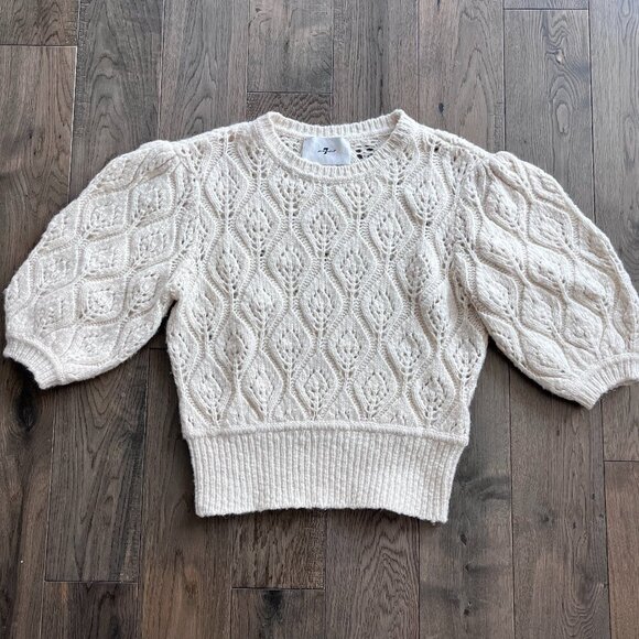 7 For All Mankind Pointelle Crochet Sweater Cream Bubble Sleeve Size M Boho Chic - Picture 1 of 7